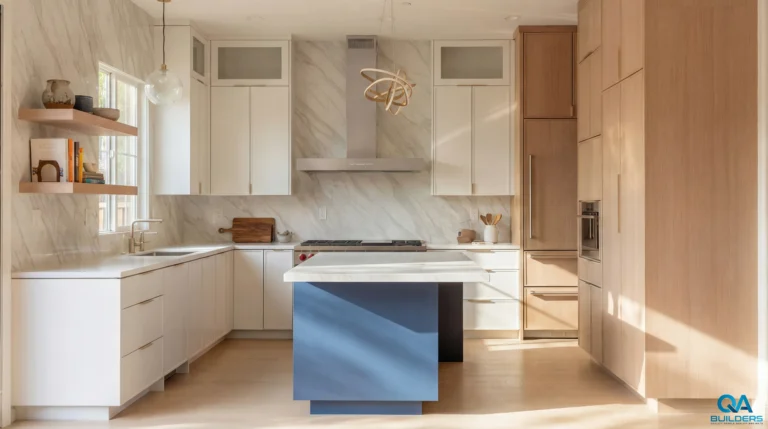 Remodeled kitchen with light oak cabinets and blue island in San Jose