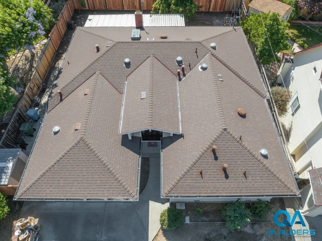 Aerial view of the finished roof over the new entry addition, Santa Clara