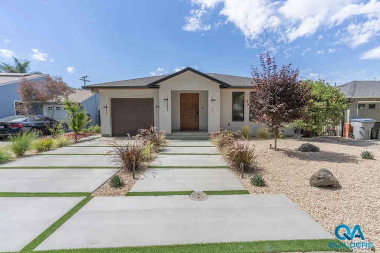 New custom single-story home with modern landscaping and walkway in San Jose
