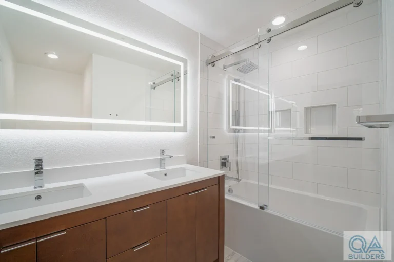 Master bathroom remodel with double vanity and LED mirror in Santa Clara