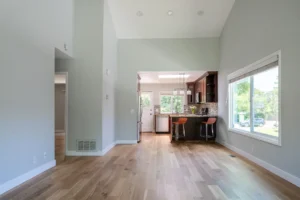 Renovated Cupertino townhouse living area with new wide-plank wood floors