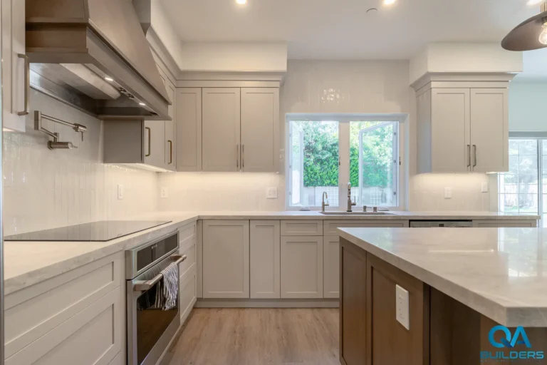 Kitchen sink wall under windows with greige cabinets, white tile backsplash and a pot filler, Loch Lomand Way, Livermore