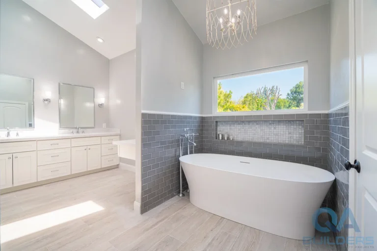 Master bathroom remodel with freestanding tub and double vanity in San Jose
