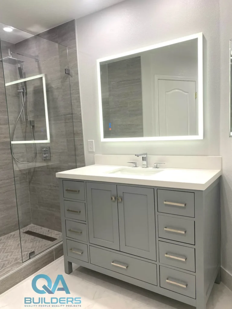 Master bathroom remodel with gray vanity and LED mirror