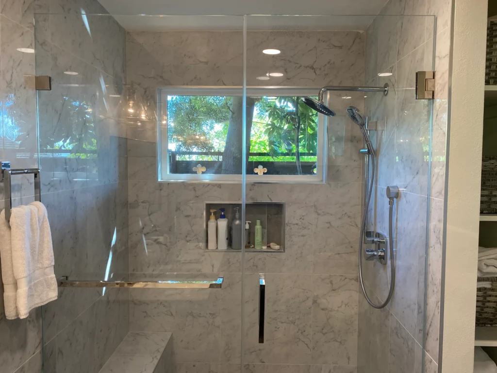 Curbless walk-in shower with resized window in Palo Alto master bath