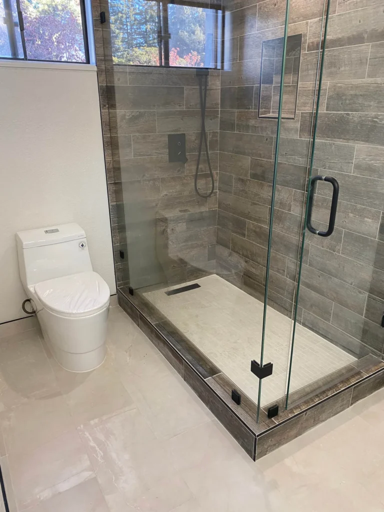 Frameless glass shower and wall-hung style toilet in Sunnyvale master bath